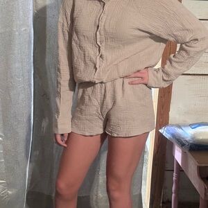 Cream Textured Long Sleeve and Shorts Set